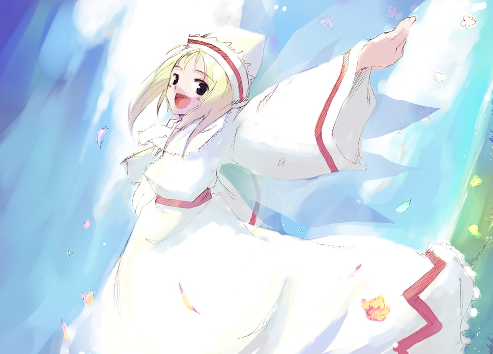 1girl black_eyes blonde_hair fairy fairy_wings female floating_hair flower happy hat lily_white looking_at_viewer nature outstretched_arms petals sky solo spread_arms spring_(season) takanashi_akihito touhou wings