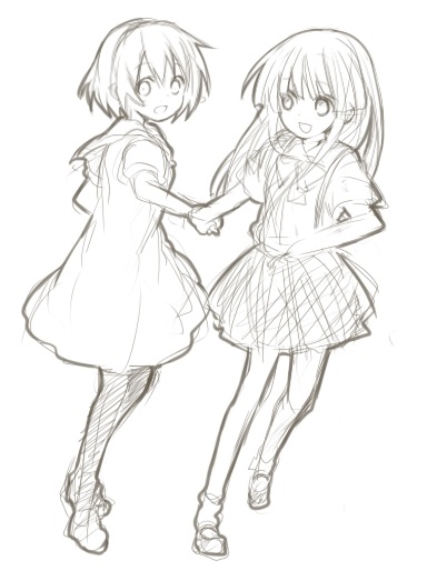 2girls :d blush dress full_body furude_rika hairband hand_holding headband higurashi_no_naku_koro_ni houjou_satoko long_hair looking_at_viewer mary_janes monochrome multiple_girls open_mouth pantyhose pleated_skirt shoes short_hair simple_background sketch skirt smile standing white_background