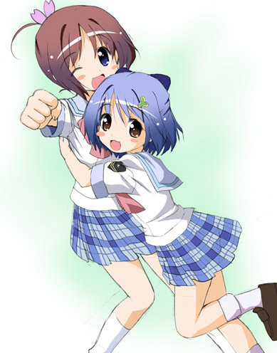 2girls ahoge amamiya_manami blush_stickers chisato_(missing_park) clenched_hand gakuen_utopia_manabi_straight! hug inamori_mika lowres massugu_go multiple_girls one_eye_closed open_mouth plaid plaid_skirt punching school_uniform skirt wink