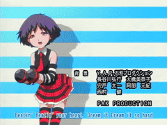 1girl :d animated animated_gif arms_up bakegyamon bangs bare_shoulders black_legwear blinking breasts cowboy_shot dancing detached_sleeves dual_wielding english frills happy instrument kimidori_(bakegyamon) leaning_forward looking_at_viewer lowres maracas music necktie open_mouth orange_eyes outstretched_arms plaid plaid_skirt playing_instrument pleated_skirt purple_hair red_legwear screencap shadow shirt short_hair skirt sleeveless sleeveless_shirt small_breasts smile solo spinning standing striped striped_background striped_legwear subtitled thigh-highs zettai_ryouiki