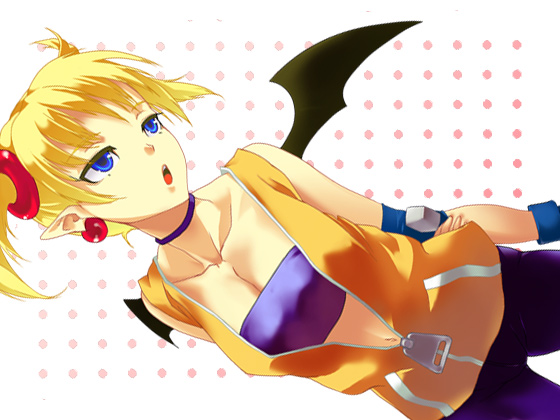 1girl :o ahoge aq_interactive arcana_heart arm_grab atlus bandeau bandeau_bikini bat_wings bike_shorts blonde_hair blue_eyes breasts choker cleavage demon_girl dutch_angle earrings elbow_pads examu flat_chest gloves hair_ornament jacket jewelry lilica_felchenerow midriff navel neko8 open_clothes open_jacket open_mouth pointy_ears polka_dot short_hair short_twintails small_breasts solo spandex twintails unzipped wings zipper