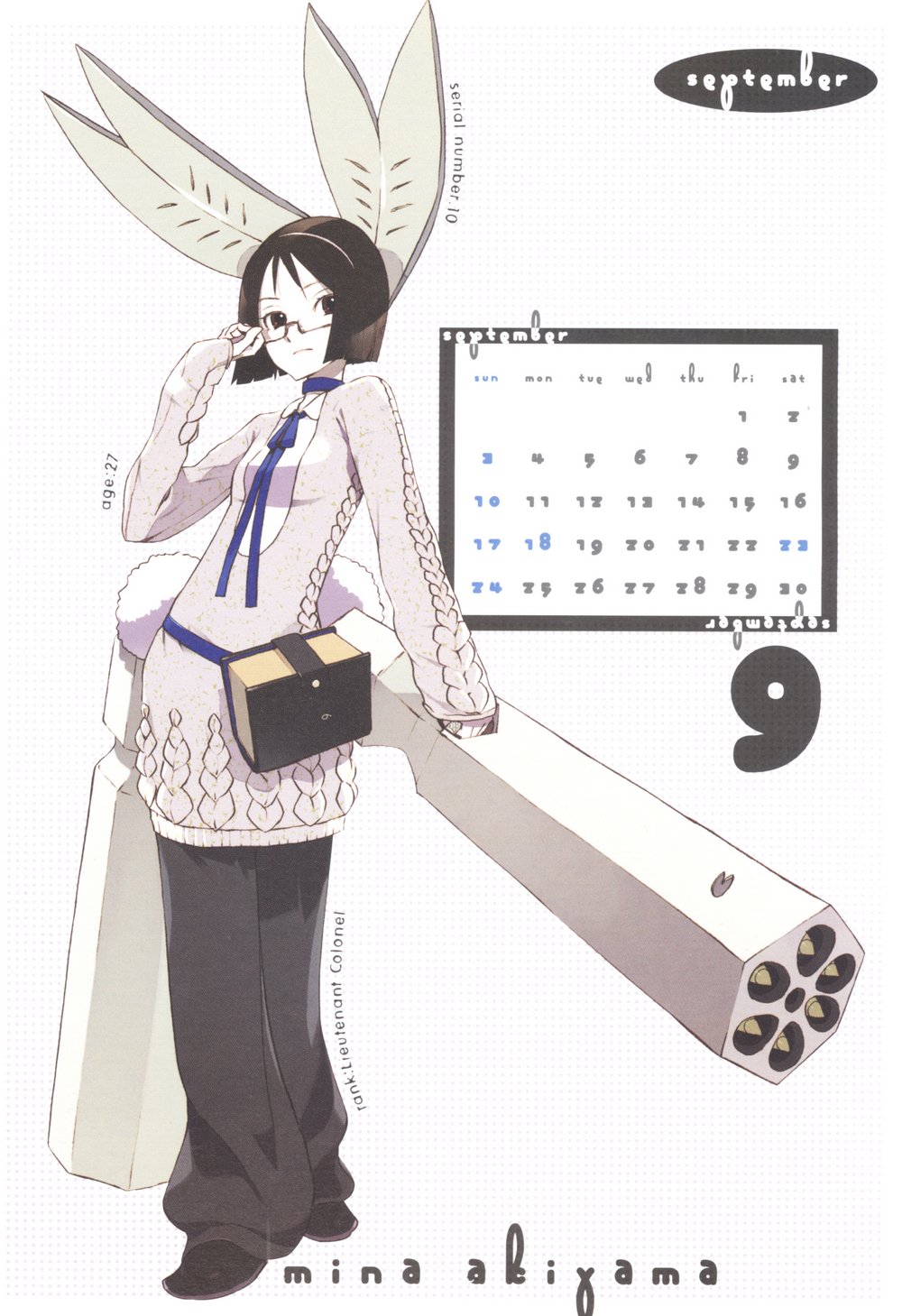 00s 1girl 2006 adjusting_glasses akiyama_mina animal_ears bangs belt black_hair bob_cut brown_eyes brown_hair bunny_tail calendar character_name choker female flat_chest getsumento_heiki_miina glasses gun haibara_minamo hairband highres holding looking_at_viewer magical_girl neck_ribbon official_art okama pants polka_dot polka_dot_background rabbit_ears ribbed_sweater ribbon rocket_launcher scan semi-rimless_glasses september shirt shoes short_hair solo standing sweater tail weapon