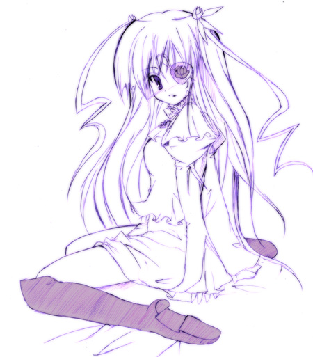 00s 1girl barasuishou boots dress eyepatch frills juliet_sleeves knee_boots kneehighs long_hair long_sleeves looking_at_viewer monochrome pink_hair puffy_sleeves purple rozen_maiden simple_background sitting solo very_long_hair wariza white_background