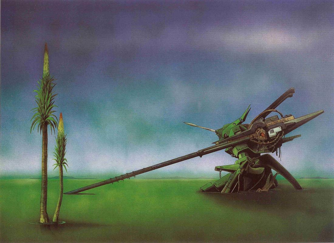 80s cannon damaged emper_temple five_star_stories heavy_metal_l-gaim mecha nagano_mamoru no_humans official_art oldschool plant promotional_art swamp tree