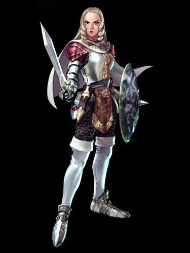 1girl abelia_schillfelt armor blonde_hair blue_eyes boots breastplate cape chainmail chronicles_of_the_sword drill_hair extra female full_body kawano_takuji lowres official_art pauldrons plate_armor pose pteruges sabatons shield simple_background solo soul_calibur soulcalibur_iii standing sword thigh-highs thigh_boots weapon