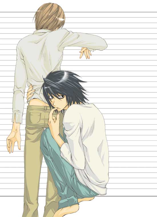 2boys ass bags_under_eyes barefoot black_eyes black_hair brown_hair death_note denim finger_to_mouth from_behind full_body holding jeans l_(death_note) long_sleeves looking_at_viewer male_focus multiple_boys pants shirt short_hair simple_background squatting sweater white_shirt yagami_light yaoi