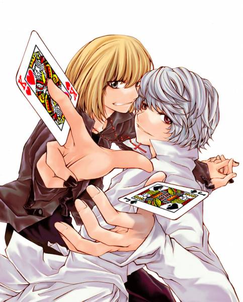 2boys blonde_hair card cross death_note falling_card grin holding holding_card male_focus mello multiple_boys nail_polish near red_eyes simple_background smile white_hair yaoi