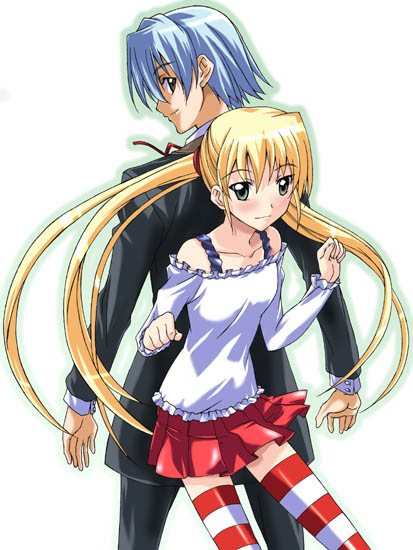 1boy 1girl ayasaki_hayate back-to-back blonde_hair hayate_no_gotoku! mikage_nao miniskirt pants patterned_legwear red_skirt sanzen'in_nagi shirt skirt striped striped_legwear thigh-highs tuxedo two-tone_stripes white_shirt white_stripes zettai_ryouiki