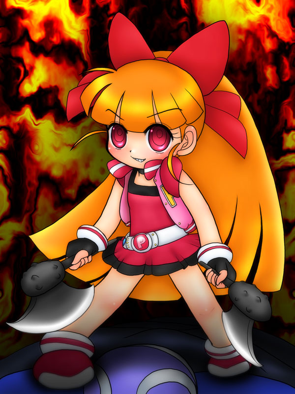 1girl akazutsumi_momoko axe bow cartoon_network crazy crazy_eyes dual_wielding hyper_blossom long_hair orange_hair ponytail powerpuff_girls powerpuff_girls_z red_eyes solo weapon