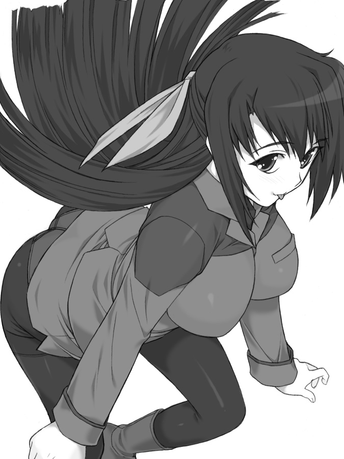 1girl :p ass ginga_nakajima lyrical_nanoha mahou_shoujo_lyrical_nanoha mahou_shoujo_lyrical_nanoha_strikers monochrome panties panties_under_pantyhose pantyhose shichimenchou solo thighband_pantyhose tongue tongue_out underwear