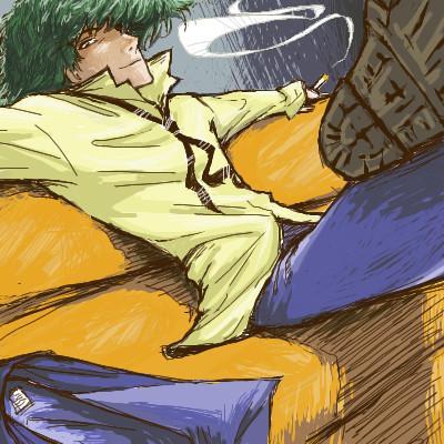 1boy 90s cigarette couch cowboy_bebop green_hair lowres male_focus red_upholstery shoe_soles shoes sitting smoke smoking solo spike_spiegel