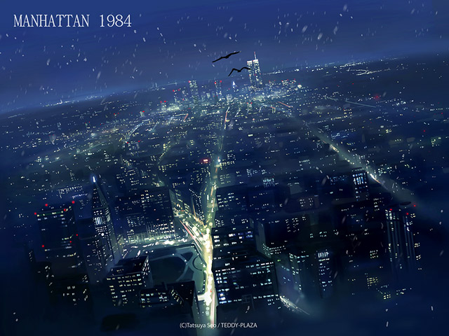 1984 artist_name bird circle_name city cityscape dutch_angle english manhattan night night_sky no_humans original scenery seo_tatsuya sky snowing watermark