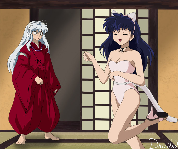 1boy 1girl :d :o ^_^ animal_ears bangs bare_shoulders barefoot beads blue_hair blush breasts cat_ears cat_tail cleavage clenched_hand closed_eyes cosplay dancing dog_ears door fake_animal_ears feet fingernails hair_between_eyes hairband happy high_heels higurashi_kagome indoors inuyasha inuyasha_(character) japanese_clothes jewelry kittysuit leg_lift leotard long_fingernails long_hair neck_ribbon necklace open_mouth open_shoes profile ribbon shadow shoes sidelocks signature sleeves_past_wrists smile standing standing_on_one_leg surprised sweatdrop tail tara_fuller tatami teeth walk-in white_hair wide_sleeves