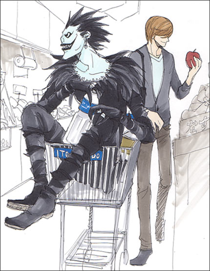 2boys apple bottle death_note food fruit holding holding_fruit male_focus multiple_boys ryuk shop shopping shopping_cart supermarket yagami_light