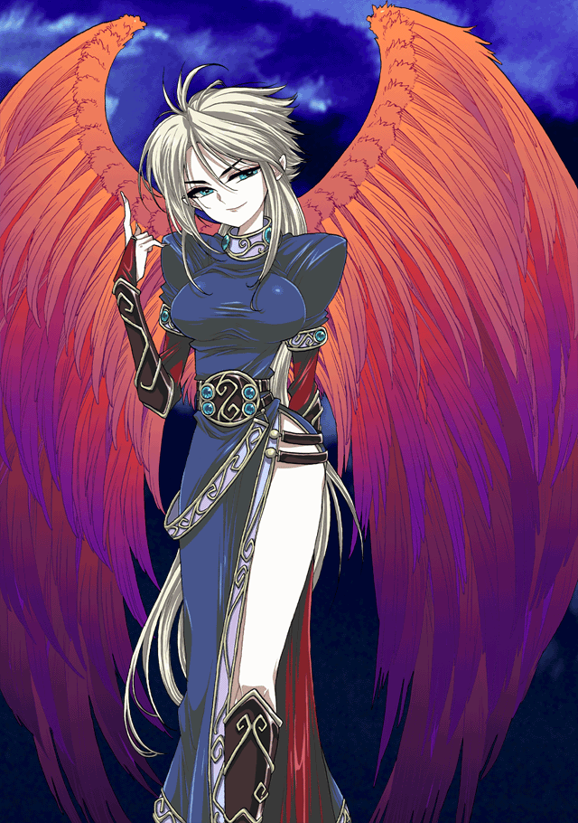 1girl angel_wings bad_id blonde_hair boots breasts breath_of_fire breath_of_fire_ii dress fingernails fujitaka_(akasora) green_eyes knee_boots legs long_fingernails long_hair long_legs long_nails nail nina_(breath_of_fire_ii) red_wings side_slit solo thighs wings