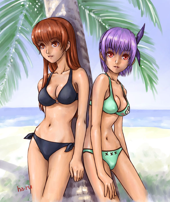 2girls ayane ayane_(doa) beach bikini dead_or_alive face ha-ru kasumi_(doa) multiple_girls nekoi_mie siblings side-tie_bikini sisters swimsuit tecmo