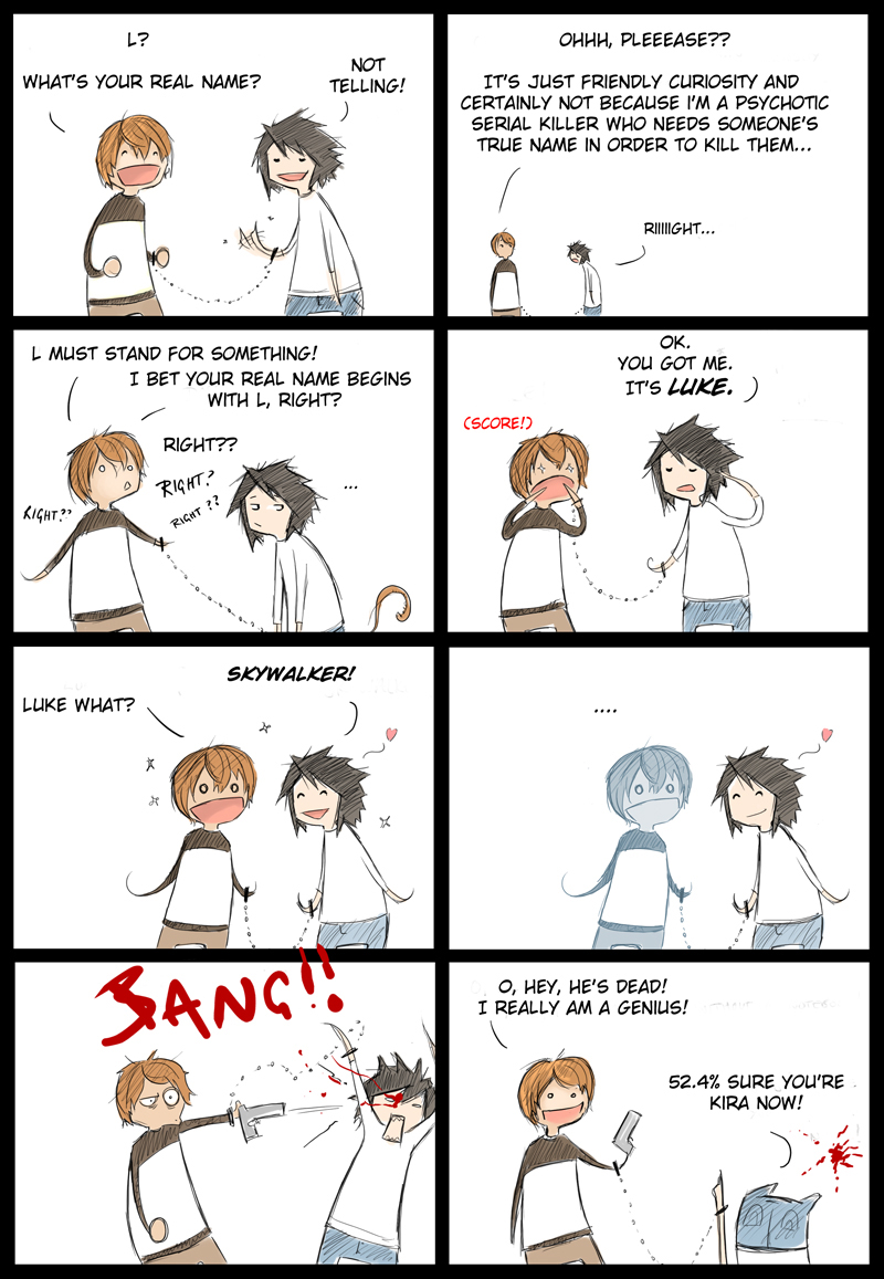 2boys bags_under_eyes blood comic death_note l_(death_note) multiple_boys parody yagami_light