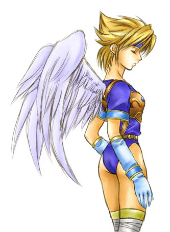 1girl alternate_costume angel_wings armor ass blonde_hair breasts breath_of_fire breath_of_fire_i flat_ass gloves lowres medium_breasts nina_(breath_of_fire_i) short_hair solo white_wings wings