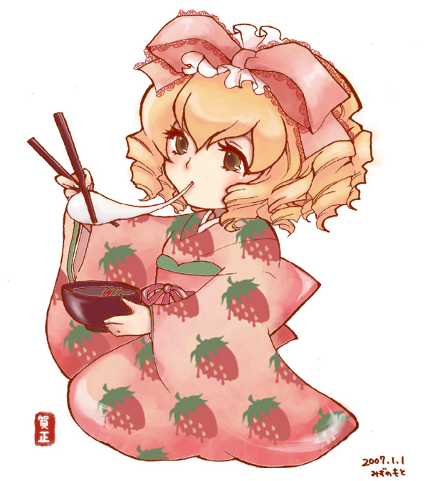 00s 1girl 2007 alternate_costume artist_name blonde_hair bow bowl brown_eyes chopsticks dated drill_hair eating food food_themed_clothes hair_bow hina_ichigo japanese_clothes kimono mizunomoto mochi new_year pink_bow rozen_maiden simple_background solo strawberry_print wagashi white_background