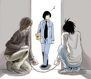 3boys cuffs death_note handcuffs l_(death_note) lowres matsuda_touta multiple_boys musical_note prank yagami_light