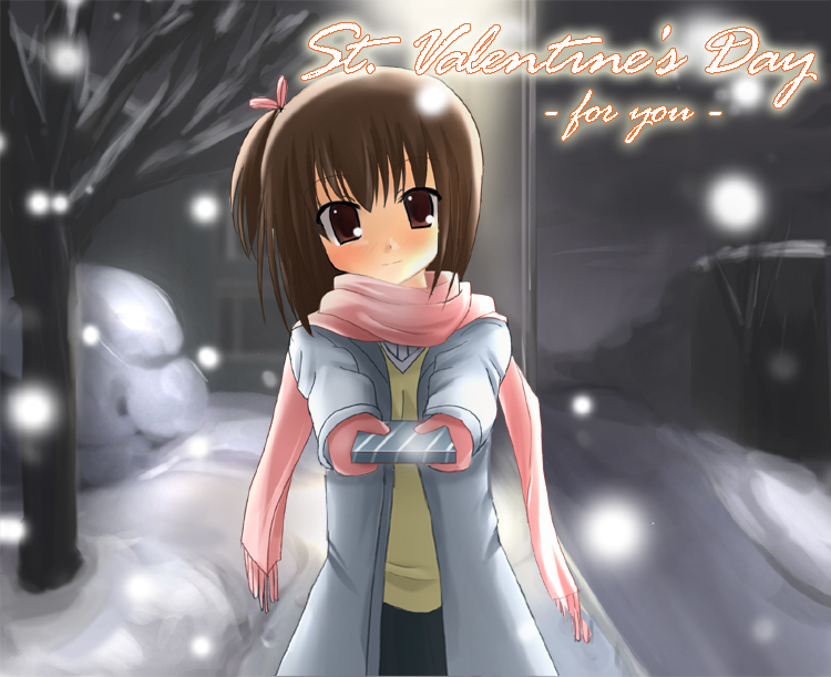 1girl gift holding holding_gift odaya odayan original scarf snow snowing solo valentine