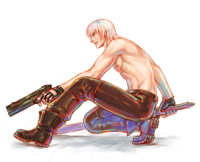 1boy black_pants black_shoes boots capcom dante_(devil_may_cry) devil_may_cry dual_wielding ebony_&amp;_ivory fingerless_gloves full_body gloves gun handgun male_focus muscle nipples pants pistol shirtless shoes short_hair solo squatting sword topless weapon white_background white_hair