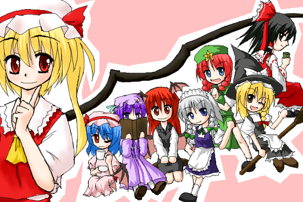&gt;:d 6+girls :d ;d alternate_eye_color alternate_wings apron arm_up bat_wings beret black_dress black_eyes black_hair blonde_hair blue_dress blue_eyes blue_hair blue_ribbon book bow braid broom brown_eyes chibi china_dress chinese_clothes cup detached_sleeves dress dress_shirt female flandre_scarlet green_ribbon hair_bow hair_tubes hakurei_reimu hat hat_bow hat_ribbon head_wings hong_meiling index_finger_raised izayoi_sakuya kirisame_marisa kneeling koakuma long_hair low_wings maid maid_apron maid_headdress minigirl multiple_girls no_nose one_eye_closed open_book open_mouth patchouli_knowledge purple_dress purple_hair red_eyes redhead remilia_scarlet ribbon saucer shirt short_hair siblings side_ponytail silver_hair simple_background single_braid sisters skirt skirt_set smile star striped striped_dress teacup the_embodiment_of_scarlet_devil touhou twin_braids v_arms vertical_stripes vest violet_eyes waist_apron waving white_shirt wings wink witch_hat