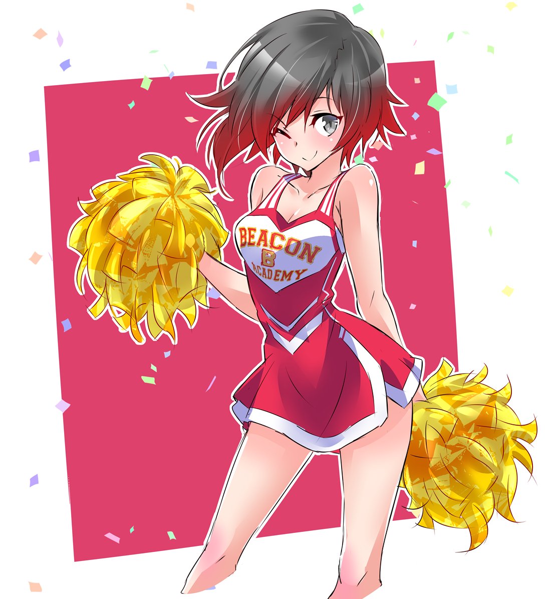 1girl black_hair cheerleader commentary_request english glitter iesupa multicolored_hair one_eye_closed pom_poms redhead ruby_rose rwby solo two-tone_hair