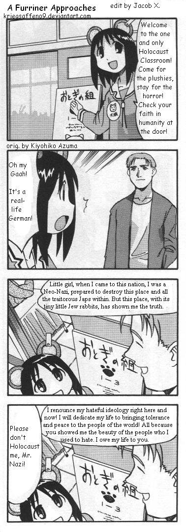 1boy 1girl 4koma animal_ears azumanga_daioh comic english kasuga_ayumu long_image monochrome nazi tall_image