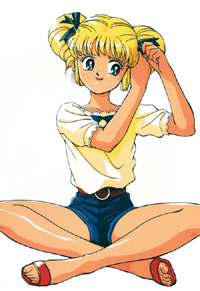 1girl 80s bangs belt blonde_hair blue_eyes blush bow casual denim denim_shorts feet hair_bow hairdressing idol_densetsu_eriko indian_style lace legendary_idol_eriko legs legs_crossed lipstick looking_away lowres makeup oldschool ribbon sandals shirt short_hair short_shorts short_twintails shorts simple_background sitting smile solo tamura_eriko twintails white_background