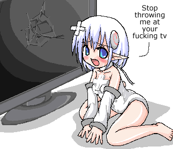 1girl 4chan barefoot blue_eyes blush detached_sleeves duplicate elf english feet game_console legs lowres meme monitor nintendo oekaki os-tan personification pointy_ears profanity sad solo tears television truth what white_hair wii wii-tan