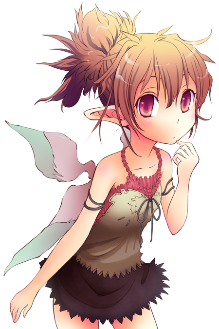 1girl bare_shoulders black_skirt blonde_hair brown_eyes brown_hair camisole collarbone cowboy_shot fairy fairy_wings leaning_forward looking_at_viewer miniskirt original pink_eyes pointy_ears ponytail short_hair simple_background skirt sleeveless solo toshiya white_background wings