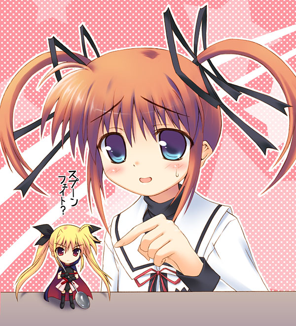 00s 2girls arm_belt belt blonde_hair cape chibi fate_testarossa gloves kouzuki_hajime lyrical_nanoha magical_girl mahou_shoujo_lyrical_nanoha minigirl multiple_girls pointing red_eyes redhead school_uniform spoon takamachi_nanoha thigh-highs twintails violet_eyes