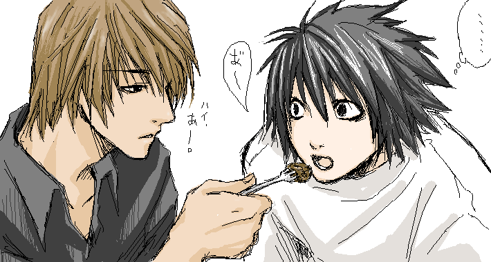 ... 2boys bags_under_eyes black_eyes black_hair brown_eyes brown_hair death_note expressionless feeding food fork hair_between_eyes holding japanese l_(death_note) male_focus multiple_boys oekaki parted_lips short_hair simple_background spiky_hair spoken_ellipsis translated white_background wide-eyed yagami_light yaoi