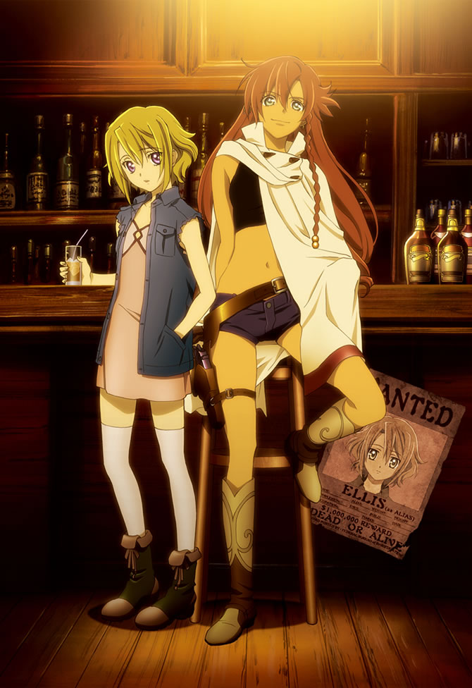 2girls asymmetrical_hair bar blonde_hair boots braid brown_hair el_cazador_de_la_bruja ellis ellis_(el_cazador_de_la_bruja) hair_ornament long_hair mexico midriff multiple_girls nadi nadie official_art short_hair shorts smile thigh-highs