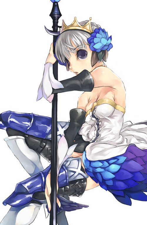 1girl armor armored_dress bare_shoulders blue_eyes boots breasts cleavage crown detached_sleeves dress elbow_gloves gloves grey_hair gwendolyn hair_ornament medium_breasts mikage_sekizai odin_sphere polearm short_hair silver_hair simple_background spear strapless strapless_dress thigh-highs thigh_boots weapon