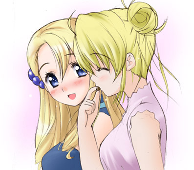 2girls aeru blonde_hair blush chisato_(missing_park) chocolate closed_eyes eating long_hair lowres multiple_girls open_mouth pink_background profile simoun upper_body white_background yun_(simoun)