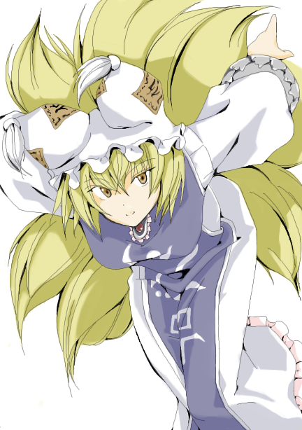 1girl animal_ears blonde_hair bonnet female fox_ears fox_tail frills hat long_sleeves multiple_tails pillow_hat smile solo surcoat tabard tail touhou white_background wide_sleeves yakumo_ran yellow_eyes