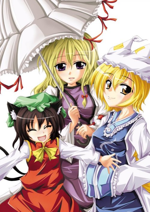 3girls animal_ears blonde_hair brown_hair cat_ears chen closed_eyes female hands_in_sleeves hat kurinton long_hair long_sleeves multiple_girls open_mouth outstretched_arms parasol pillow_hat short_hair smile surcoat tabard touhou umbrella violet_eyes wide_sleeves yakumo_ran yakumo_yukari yellow_eyes