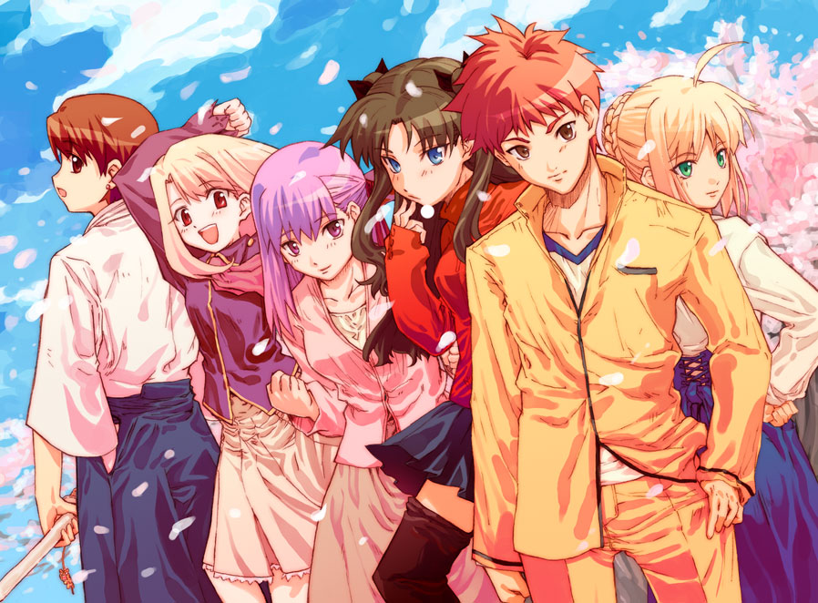 1boy 5girls brother_and_sister duplicate emiya_shirou fate/stay_night fate_(series) fujimura_taiga fuzuki_yoshihiro girl_sandwich illyasviel_von_einzbern matou_sakura multiple_girls saber sandwiched shinai siblings sisters sword tohsaka_rin weapon