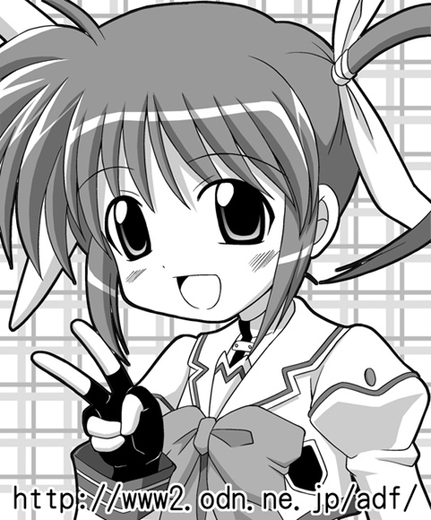 00s 1girl bow fingerless_gloves gloves hirosue_maron lyrical_nanoha magical_girl mahou_shoujo_lyrical_nanoha monochrome solo takamachi_nanoha twintails v watermark web_address