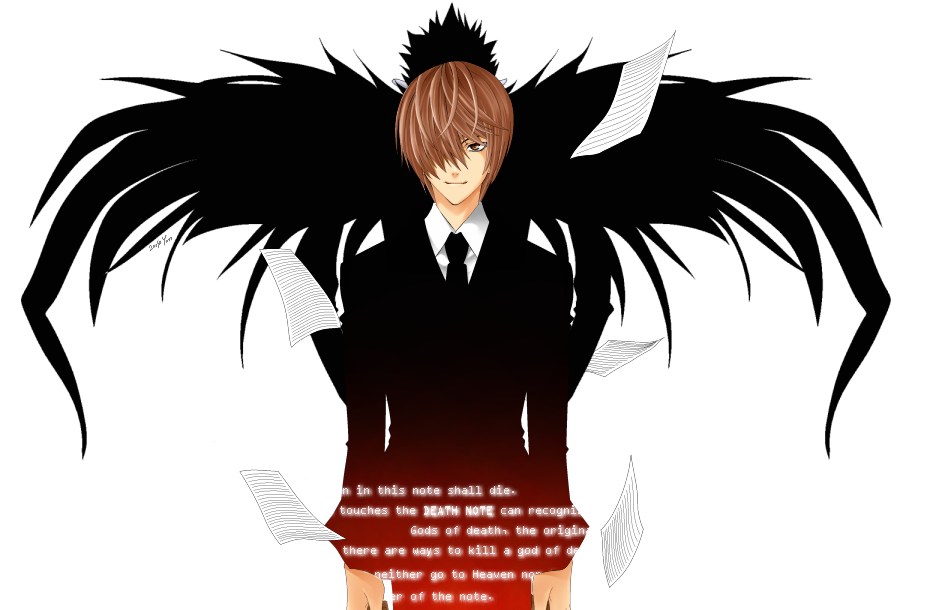 2boys back-to-back black_necktie black_suit brown_eyes brown_hair collared_shirt cowboy_shot death_note dress_shirt formal long_sleeves looking_at_viewer male_focus multiple_boys necktie paper papers ryuk shadow shinigami shirt short_hair silhouette simple_background suit white_background white_shirt wings yagami_light