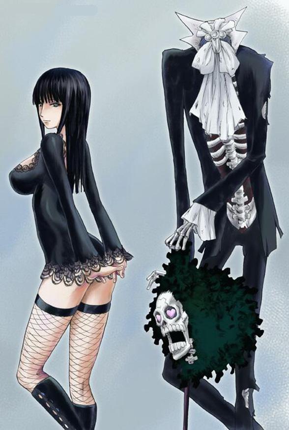 1boy 1girl arms_behind_back black_hair black_suit boots breasts brook cane covering covering_ass cravat disembodied_head dress fishnet_legwear fishnets formal heart heart_eyes jpeg_artifacts knee_boots konkitto large_breasts long_hair looking_back nico_robin one_piece short_dress skeleton skirt solo suit thigh-highs thriller_bark undead white_shirt zettai_ryouiki