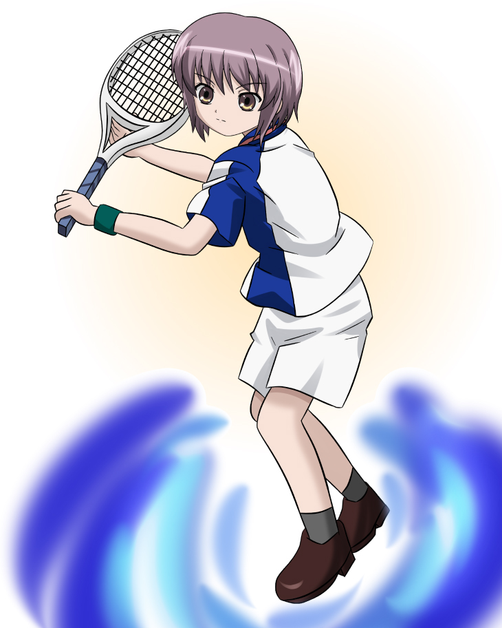 &gt;:| 1girl alternate_costume bangs cosplay eyebrows eyebrows_visible_through_hair full_body gradient gradient_background grey_legwear holding nagato_yuki parody purple_hair racket shoes short_hair short_sleeves shorts socks solo sportswear standing suzumiya_haruhi_no_yuuutsu tennis tennis_no_ouji-sama tennis_racket tennis_uniform uniform wristband yellow_eyes