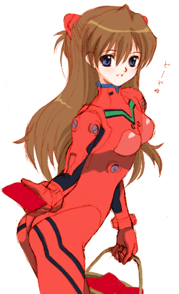 1girl ass bangs basket beamed_quavers blue_eyes blush bodysuit bracer breasts brown_hair from_side giving gloves grin hair_between_eyes hair_ornament hijiri_ruka holding leaning_forward long_hair looking_at_viewer looking_back musical_note neon_genesis_evangelion number pilot_suit plugsuit simple_background sketch small_breasts smile solo souryuu_asuka_langley turtleneck white_background