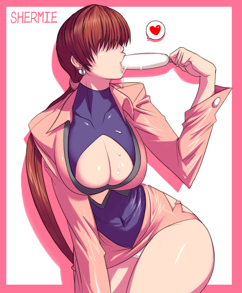 1girl breasts cleavage cleavage_cutout collarbone hair_over_eyes hips huge_breasts king_of_fighters large_breasts lips miniskirt panties pantyshot ponytail popsicle redhead sawao sexually_suggestive shermie skirt snk solo the_king_of_fighters underwear