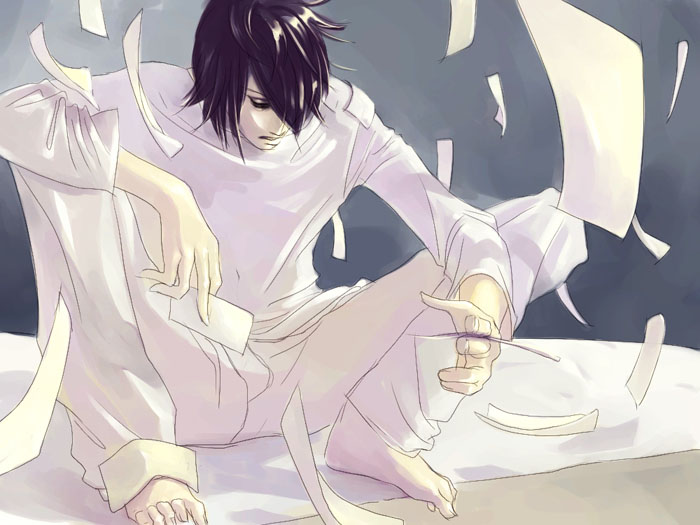 1boy bags_under_eyes barefoot between_fingers black_hair death_note flying_paper hair_over_one_eye head_down holding_paper l_(death_note) long_sleeves male_focus pale_skin pants paper shirt short_hair simple_background sitting solo toes white_pants white_shirt