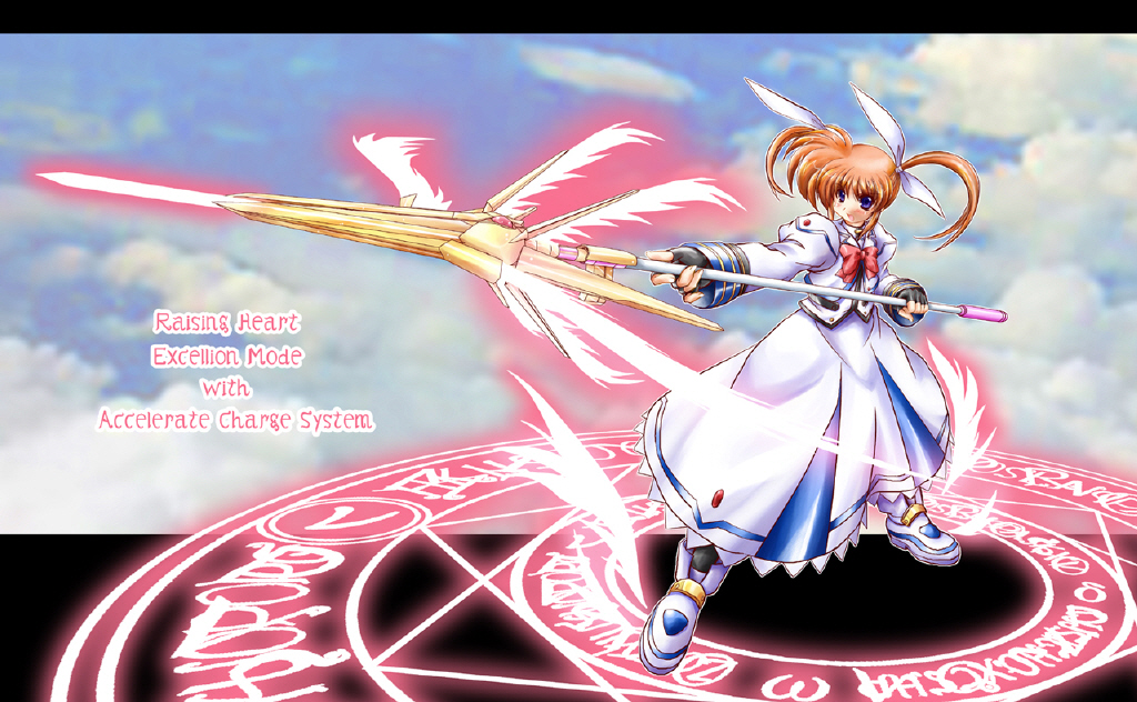 1girl bow character_name english fingerless_gloves gloves lyrical_nanoha magazine_(weapon) magic_circle magical_girl mahou_shoujo_lyrical_nanoha mahou_shoujo_lyrical_nanoha_a's polearm raising_heart red_bow redhead shoes solo takamachi_nanoha twintails violet_eyes weapon white_devil winged_shoes wings