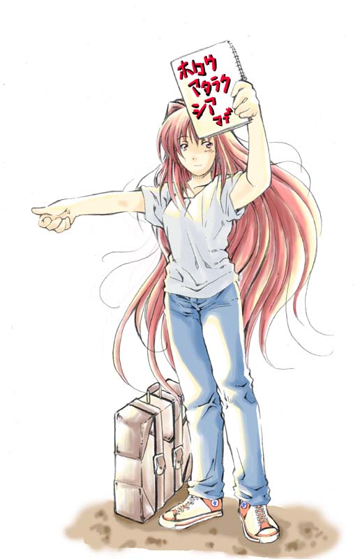 00s 1girl aozaki_aoko denim hitchhiking iwaki_hiro jeans long_hair looking_at_viewer notebook pants redhead shoes sign simple_background sneakers solo suitcase translated tsukihime very_long_hair white_background