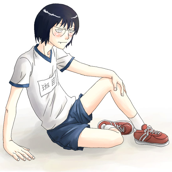 00s 1boy bob_cut fang genshiken glasses gym_uniform madarame_harunobu male_focus otaku shoes short_hair solo spoilers tennis_shoes younger